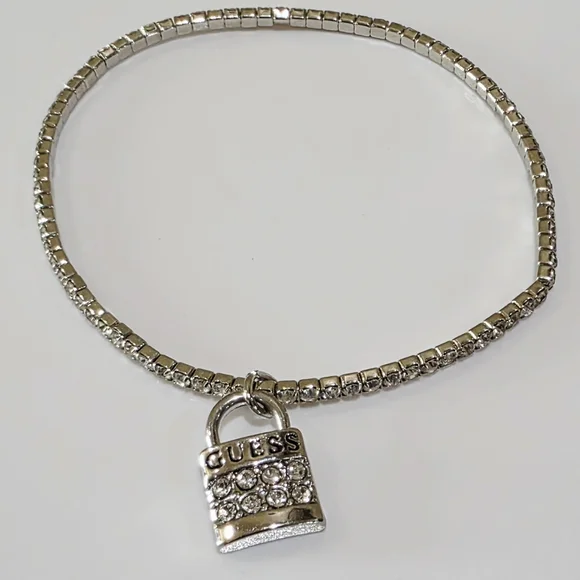 Silver GUESS Lock Charm Prong-set White Rhinestone Stretch OSFA Bracelet - Picture 3 of 7